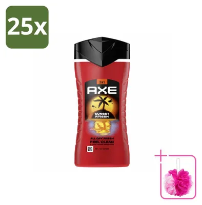 Zdjęcie produktu dla 25 sztuk żelu pod prysznic 3 w 1 Axe Sunset Fresh o zapachu mango i mandarynki - 250 ml - zestaw ekonomiczny