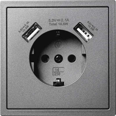 Produktbild von Schutzkontakt-Steckdose McPower "Shallow", 2x USB-A - 5V/2,1A, anthrazit, matt