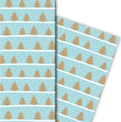 Produktbild von Schönes Streifen Weihnachtspapier mit Weihnachtsbäumen im Schnee, hellblau - G9881, 32 x 48cm