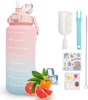 Obrázok produktu pre Fľaša na pitie KETIEE 2 l so slamkou a ukazovateľom času, bez BPA - športová fľaša na fitness, kempovanie, jogu, cestovanie - ružovo modrá