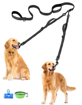 Produktbild von Doppelleine für 2 Hunde, verwicklungsfrei, groß, verstellbar, reflektierend, mit 4 komfortabel gepolsterten Griffen (schwarz)