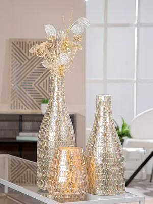Produktbild von Gilde Vase, Sanga, graphisch, Glas, goldfarben, silberfarben, VE 2, D. 13 cm Höhe: 37.00 cm Durchmesser: 13.00 cm 59161