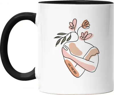 Produktbild von Love Your Body Tasse Schwarz Mit Spruch Body Positivity Mental Health Frauentag Positives Denken