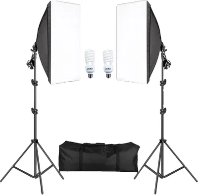 Obrázok produktu pre Sada softboxov s nastaviteľnou intenzitou a teplotou svetla, nastaviteľný statív, žiarovky 45 W