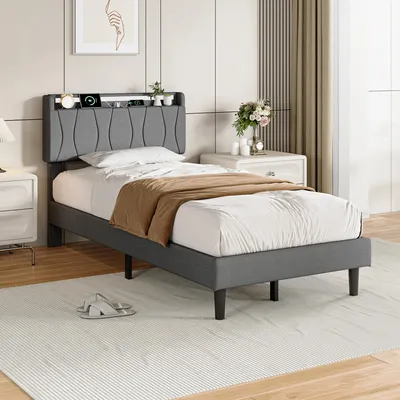 Produktbild von REMZETTA Polsterbett 90x200 cm Einzelbett mit RGB-LED, App-Steuerung, USB-C, 2 USB-Anschlüssen und Lattenrost, Grau, ohne Matratze