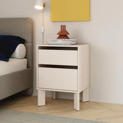 Produktbild von Forte TAHOE Nachtschrank 50, minimalistischer Nachttisch mit 2 Schubladen und diagonal gesetzten Beinen, Schlafzimmer, Holzwerkstoff, Kaschmir Beige, 48,2 cm breit x 66,7 cm hoch x 41,4 cm tief