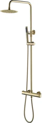 Produktbild von Duschsystem Set Gold gebürstet rund mit Regendusche Ø20 cm Handbrause Thermostat Duschgarnitur mit Duschstange Anti-Kalk-Düsen Dusche komplett
