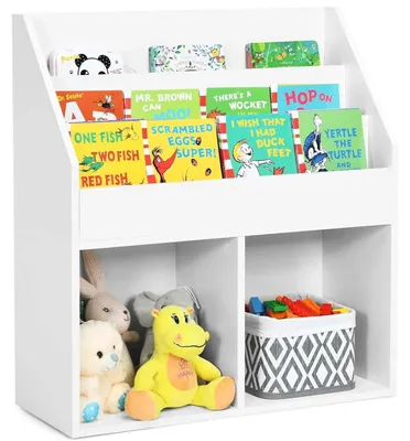 Zdjęcie produktu dla Regał na książki dla dzieci – drewniany regał na zabawki – 3 półki – przegródki – schowek – 70 x 30 x 80 cm – biały