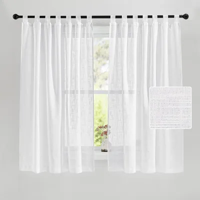 Zdjęcie produktu dla Prześwitujące zasłony z szlufkami, imitujące len, białe, wymiar 160 cm wysokości x 140 cm szerokości, zestaw 2 sztuk