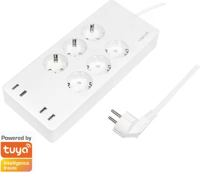 A white smart power strip with multiple outlets and USB ports, along with its power plug, is shown on a white background. A 'Powered by Tuya' logo is visible in the bottom left corner.