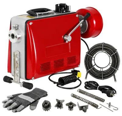 Image de Machine de nettoyage de canalisations électrique, 500 W, avec 4 spirales hélicoïdales connectables de 5 mètres de long et 16 mm de diamètre, interrupteur à 3 positions, et panier à spirales