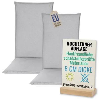 Produktbild von Pillows24 - 2x Hochlehner Auflagen 120x50x8 cm | Bequeme & Wetterfeste Gartenstuhlauflagen | Polster Sitzkissen für  Gartenmöbel |   EU | Grau