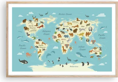 Produktbild von Gerahmtes Poster - Rahmen in heller Eiche - Tiere die Welt Karte - 91,5x61 cm - Wand Bild - Wanddeko - Wandbilder - Kunstposter - Wandposter - Bilderrahmen - Bilder - Kunstdruck - P2NAA91x61-4860