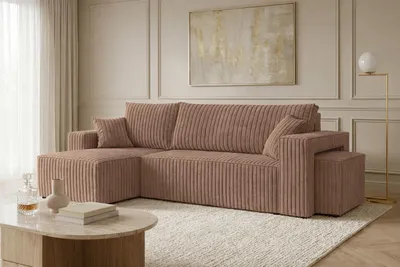 Image de Canapé d'angle avec fonction couchage et pouf, velours côtelé Tilia, marron, configuration ? gauche, BEST L avec pouf