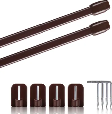 Product shot of curtain rods and hooks on a white background.