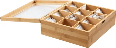 Produktbild von ACAZA Teebox Bambus, Tee-Aufbewahrungsbox mit transparentem Deckel, 12 Fächer, Bambusholz