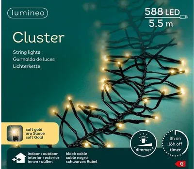 Zdjęcie produktu dla Lampki choinkowe Lumineo CLUSTER 588 LED 5,5 m miękkie złoto, czarny kabel