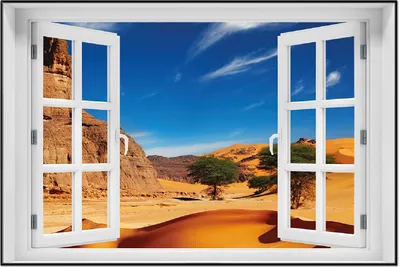Produktbild von Wallario Wandbild mit Fenster-Illusion: In der Wüste Sahara, Größe: 61 x 91,5 cm, Poster mit schwarzem Aluminiumrahmen