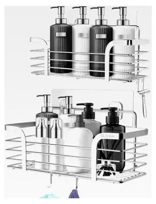 Produktbild von Duschablage ohne Bohren, 2 Stück Badezimmer Organizer, Edelstahl Duschregal mit 4 Haken für Shampoo und Duschgel