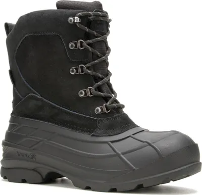 A single black winter boot is shown against a white background.