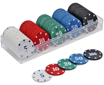 Immagine prodotto di Fiches da poker set - 100 pezzi - Valori 5, 10, 20, 50, 100 - Scatola trasparente