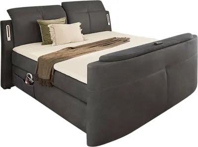 Produktbild von Boxspringbett - Dunkelgrau - Mikrofaser - 180 x 200 cm - elektrisch ausfahrbare TV-Halterung