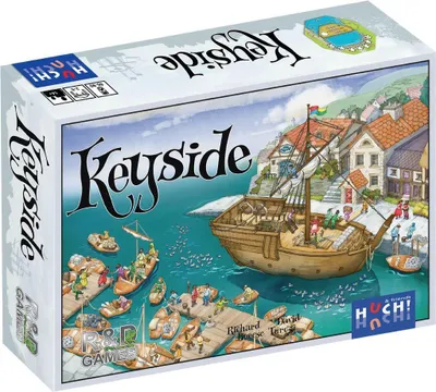Produktbild von HUCH! Keyside, Kennerspiel, Würfelmanipulation und Arbeiterstrategien, Strategiespiel mit spannenden Szenarien, Für 1–4 Spieler ab 14 Jahren