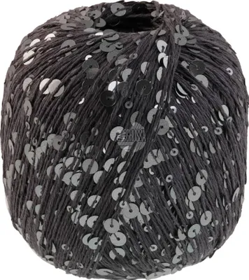 A ball of dark gray yarn with silver sequins attached.