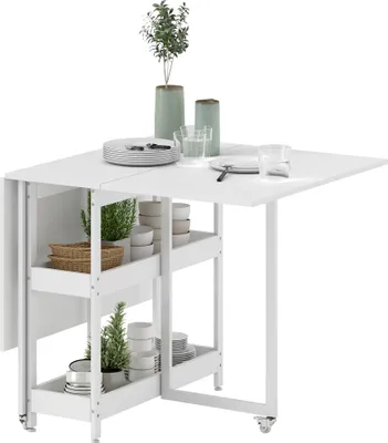 Produktbild von Klappbarer Esstisch auf Rollen fš¹r 4 Personen mit offenen F?chern, fš¹r kleine R?ume, Esszimmer, wei?