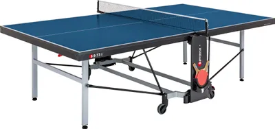 A blue Sponeta S 5-73i indoor table tennis table with a net and paddles is shown against a white background.