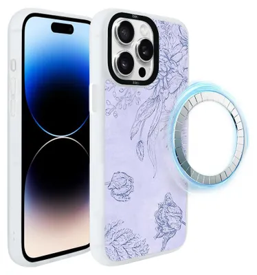 Zdjęcie produktu dla Etui do iPhone 14 Pro Max, kompatybilne z MagSafe, białe matowe boki, kwiaty, fioletowe