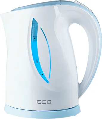 A white and blue electric kettle is shown against a white background.