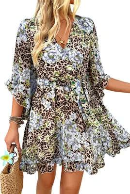 Produktbild von ASKSA Sommerkleid Damen Kurz Elegant Blumen Chiffon V-Ausschnitt Wickelkleid (Braun,S)
