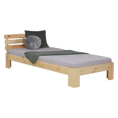 Produktbild von Homestyle4u Bett, Massivholz Kiefer natur, klar lackiert, Liegefläche 90x200 cm, Außenmaß 94,5x204,5 cm, Kopfteilhöhe 67 cm, Fußendehöhe 30 cm, Bodenfreiheit 18 cm, Einlegetiefe Matratze 3,5 cm, Materialstärke 20 mm, inkl. Lattenrost, Belastbarkeit bis 150 kg, Einzel-, Jugend-, Kinder-, Gästebett, zerlegt mit Aufbauanleitung