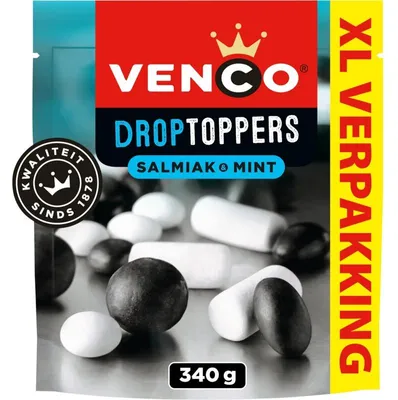 Produktbild von Venco Droptoppers Salmiak & Mint 340g – Lakritz-Bonbons mit Minznote