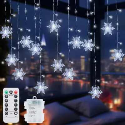 Image de Rideau lumineux en forme de flocons de neige – 4,2 mètres, 96 LED – guirlande lumineuse pour intérieur, idéale pour Noël