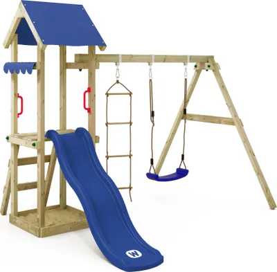 Produktbild von WICKEY Spielturm Klettergerüst TinyCabin mit Schaukel & Rutsche, Kletterturm mit Sandkasten, Leiter & Spiel-Zubehör - blau