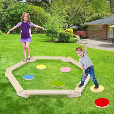Produktbild von TolleTour Balancierbalken Balancegeräte 18 tlg. frei kombinierbar Motorik Spiel aus Holz geeignet für Kinder  mit 6 Bunte Scheiben DIY Schwebebalken