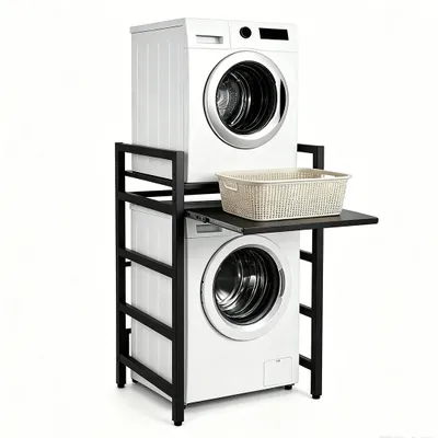Produktbild von Peviasot Waschmaschinenregal für Trockner, Metallregal mit ausziehbarem Zwischenboden, obere Ablage bis 300 kg, Badezimmer, 3 Höhen 95/100/105 cm, Schwarz