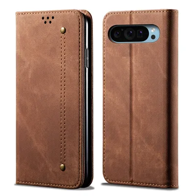 A brown leather flip-style phone case is shown from two angles, open and closed, against a white background.