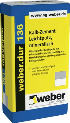 Zdjęcie produktu dla weber.dur 136 Tynk lekki wapienno-cementowy 30kg mineralny, 1mm, naturalny szary