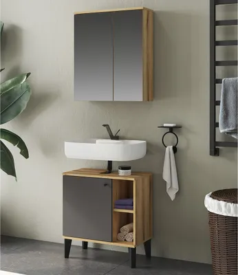 Produktbild von Waschplatz-Set 2-teilig Waschbeckenunterschrank 60 cm, Spiegelschrank, Eiche mit grau OLEAN-61
