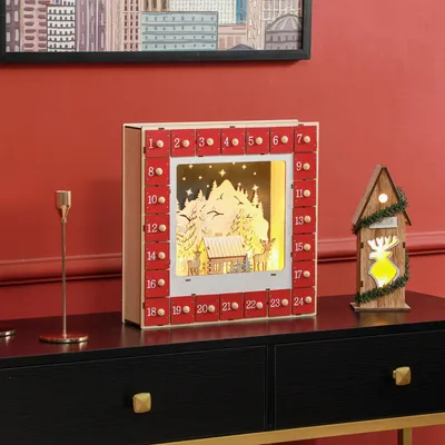 Produktbild von Sweiko LED Adventskalender mit Dorfszene, 24 große Schubladen, MDF, 34 x 7 x 34 cm, Rot