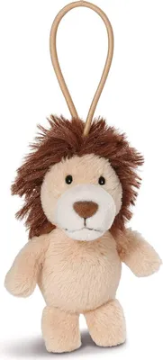 A plush toy lion with a loop for hanging.