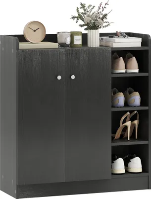 Image de HOMCOM Meuble de rangement à chaussures pour entrée 12 paires - armoire à chaussures avec 4 compartiments ouverts et placard double porte - étagère réglable - 83L x 30l x 90H cm - noir