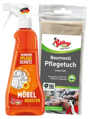 Produktbild von Poliboy Möbel Booster - 375ml - entfernt Schmutz und Staub auf Holz-, Kunststoff- und Metallmöbeln - mit Baumwolltuch - 99A2001