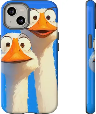 Produktbild von Zwei lustige Gänse mit großen Augen auf blauem Hintergrund – Hülle Kompatibel mit iPhone 14