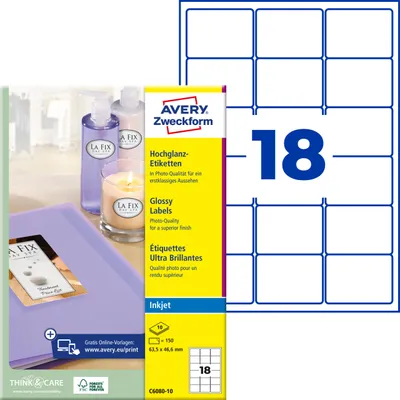 Produktbild von Avery Zweckform C6080-10, Hochglanz-Etiketten, A4, 63,5 x 46,6 mm, 150 Etiketten / 10 Bögen, weiß