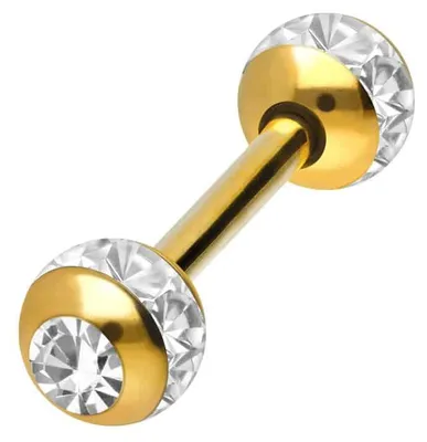 Produktbild von Zungenpiercing, Intim-Piercing Chirurgenstahl Barbell EPOXY-RING-KUGELN + KRISTALLE Gold Stablänge: 10mm