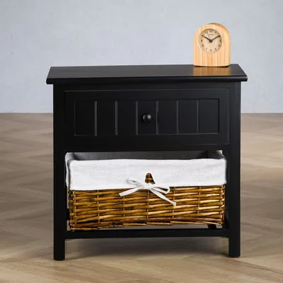 Produktbild von Nachttisch AKURE mit Weidenkorb schwarz - Schlafzimmer Nachtschrank mit Schublade und Korb, Beistelltisch Landhausstil, kleines Schränkchen, Nachtkommode aus Kiefernholz